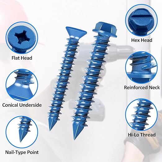 200PCS Concrete Screws Assortment Kit, 1/4 3/16 Masonry Screws with Drill Bit and Driver Bit, 4 Size Flat & Hex Head Cement Screws and Anchors, Diamond Point, Self Tapping Concrete Brick, Blue Coated