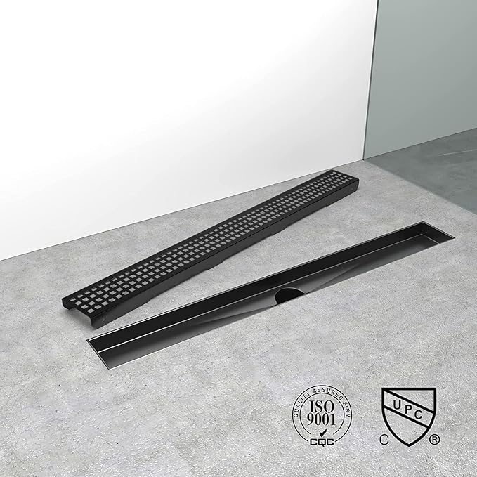Linear Shower Drain, 28 inch Black Drain with Removable Grate Cover, Brushed 304 Stainless Steel Shower Floor Drain, Linear Drain with Hair Strainer and Adjustable Feet