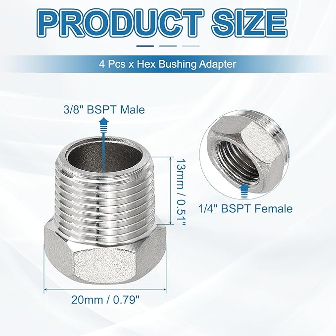 PATIKIL 304 Stainless Steel Reducer Hex Bushing 4 Pcs, 3/8" BSPT Male to 1/4" BSPT Female Pipe Reducing Adapter Fitting Connector for Water Gas Hydraulic Pipes Shower Hose, Silver