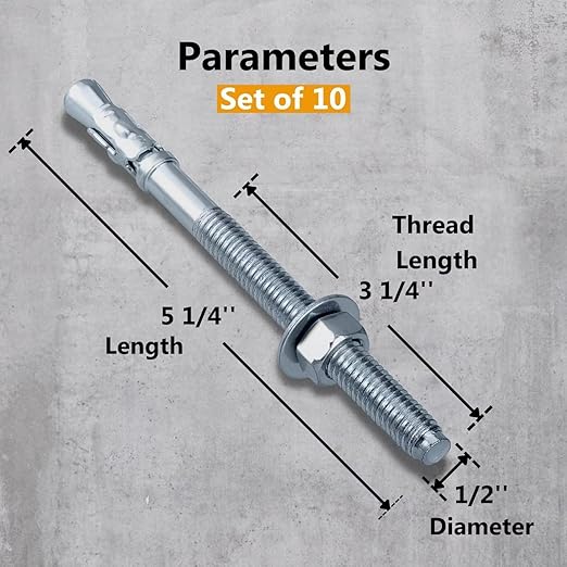 Party Animals 1/2 x 5-1/4 Inch Wedge Anchor, 10 PCs Zinc-Plated Industrial Anchor Bolts for Cement, Concrete
