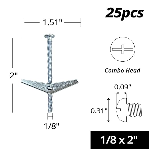 HASWARE Toggle Bolt Zinc Plated Steel and Wing Nut for Hanging Heavy Items on Drywall 1/8 x 2 (25 Pack)