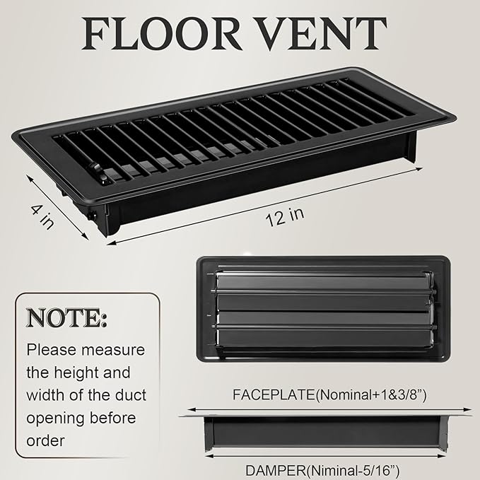 8 PCS Floor Vents Floor Registers 4x12 inch, Heavy Duty Metal Heat Air Vent Covers 4 X 12 with Rust Proof Finish for Home Office Wall Floor Registers Grilles & Vents (8, Black, 4x12 Inches)