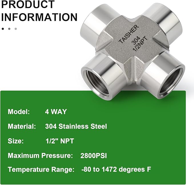 TAISHER 1PCS Forging of 304 Stainless Steel 4 Way Pipe Fittings, 1/2" x 1/2" x 1/2" x 1/2" NPT Female Pipe Fittings