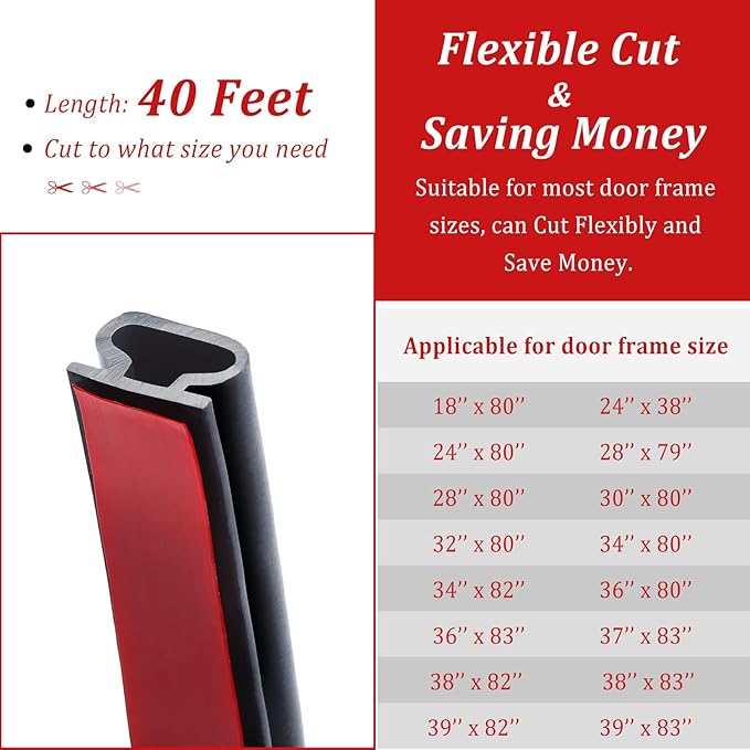 40 Feet Rubber Weather Stripping Door Seal Strip, Self-Adhesive Backing D-Shape Door Weatherstripping for Door Frame Insulation Large Gap, Easy Cut to Size(Black)