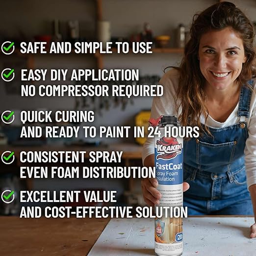 Kraken Bond Fastcoat Fire Rated Spray Foam Insulation (1x27.1 oz.) (R-Value 11.32 / 2in) Closed Cell Expanding Foam - Heat and Acoustic Insulation, Gun & Cleaner Not Includes, 20 Board Ft, 1 Pack