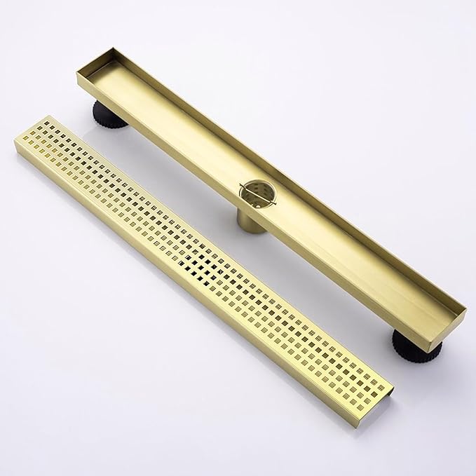 24 Inch Linear Shower Drain Bathroom Kitchen Golden Floor Drain Removable Capsule Pattern Cover Accessories Shower Drain 304 Stainless Steel Drain with Hair Strainer Adjustable Leveling Feet