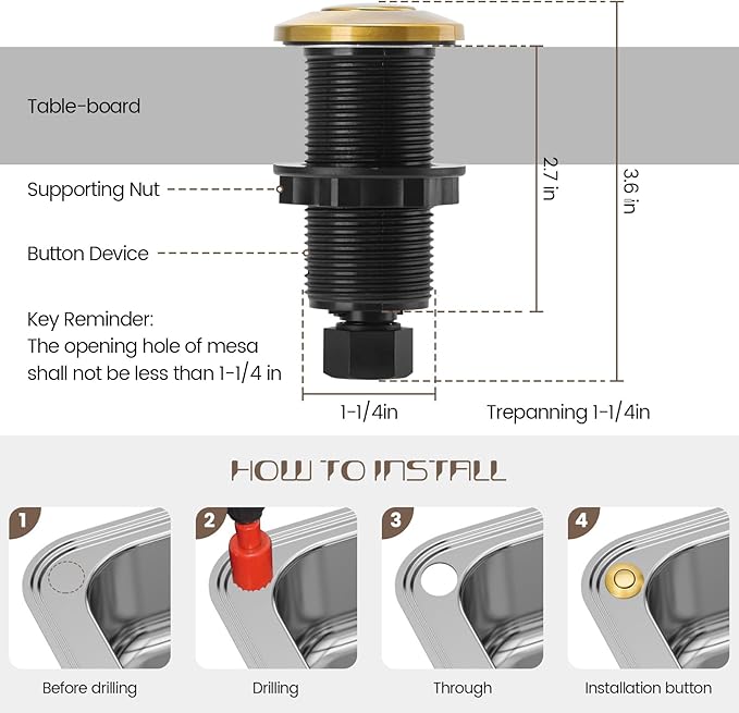 Garbage Disposal Air Switch Kit Sink Top Waste Disposal Long Stainless Steel Golden Brushed On/Off Air Button Food and Waste Disposals Part by Etoolcity, UL Listed