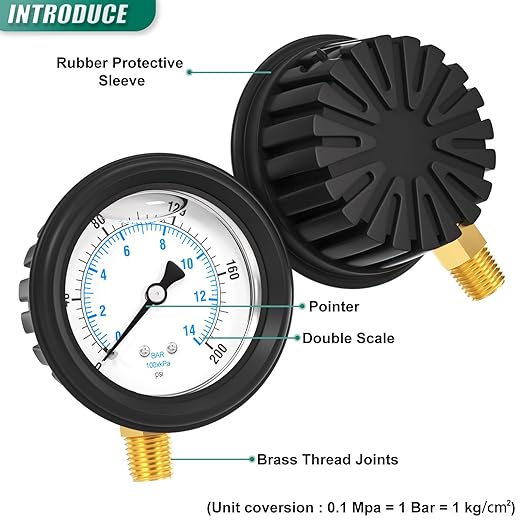 0-200PSI Stainless Steel Liquid Filled Pressure Gauge, 2.5" Dial Size, 1/4" NPT Lower Mount, with Rubber Protective Sleeve, for Tube, Water Pump, Gas, Liquid, Pressure Test