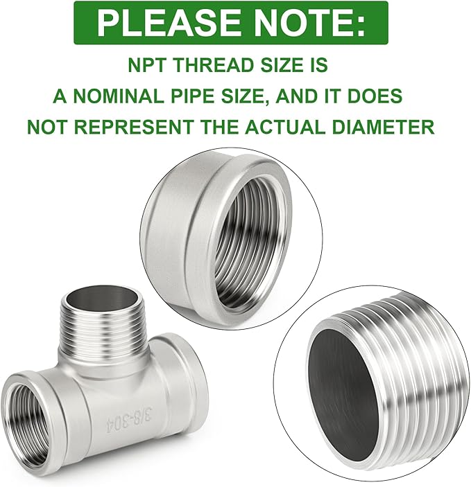 TAISHER 2PCS 304 Stainless Steel Tee Pipe Fittings, 3/8" NPT Female x 3/8" NPT Male x 3/8" NPT Female Pipe Fittings, Male Branch Tee