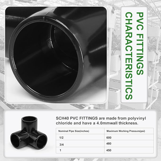 3 Way PVC Pipe Fittings 1/2 Inch, Zernmiarder Black PVC Elbow Corner Side Outlet Tee Fitting, SCH40 Furniture Grade Pipe Connectors - Fits 1/2" Polyvinyl Chloride Pipes, 12 Pieces