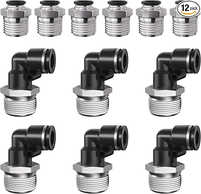 1/4" Tube OD to 1/2" NPT Thread Push to Connect Fittings,Pneumatic Quick Air Hose Fittings,Male Straight + Elbow,PC+PL(12pcs)