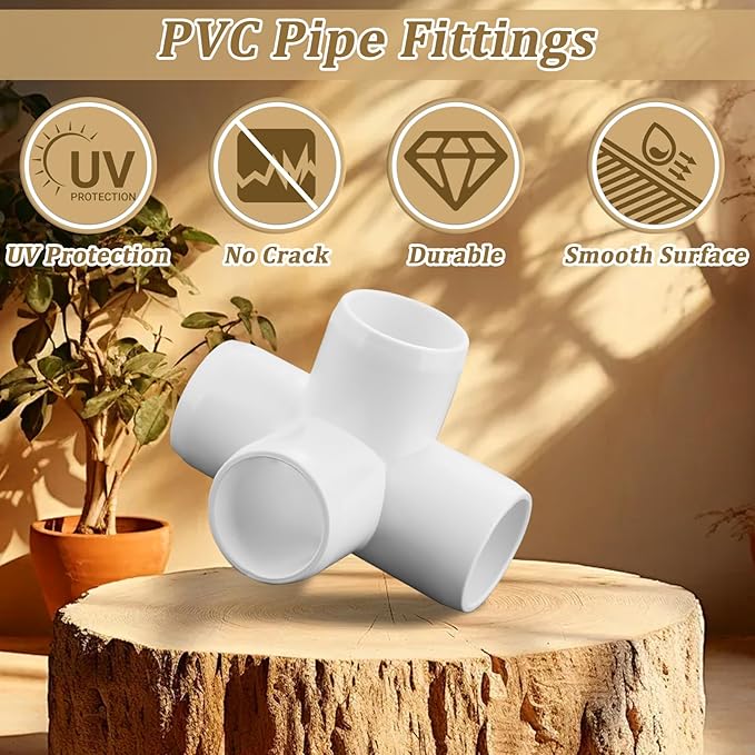 12-Pack 3/4" PVC Fittings 4 Way, Furniture Grade 3/4 Inch PVC Pipe Fittings 4 Way, UV Resistant, Fits SCH40 Pipe DIY Garden Shelves, Greenhouse, Shelf