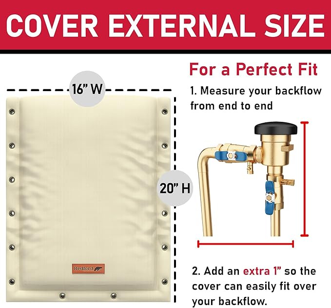 Redford Supply Co. Cold Snap (5°F) Backflow Preventer Insulation Cover, 3-Way Custom, 16"W x 20"H, Pipe Insulation, Water Sprinkler Covers for Outside, Sprinkler Backflow Cover for Winter (Beige)