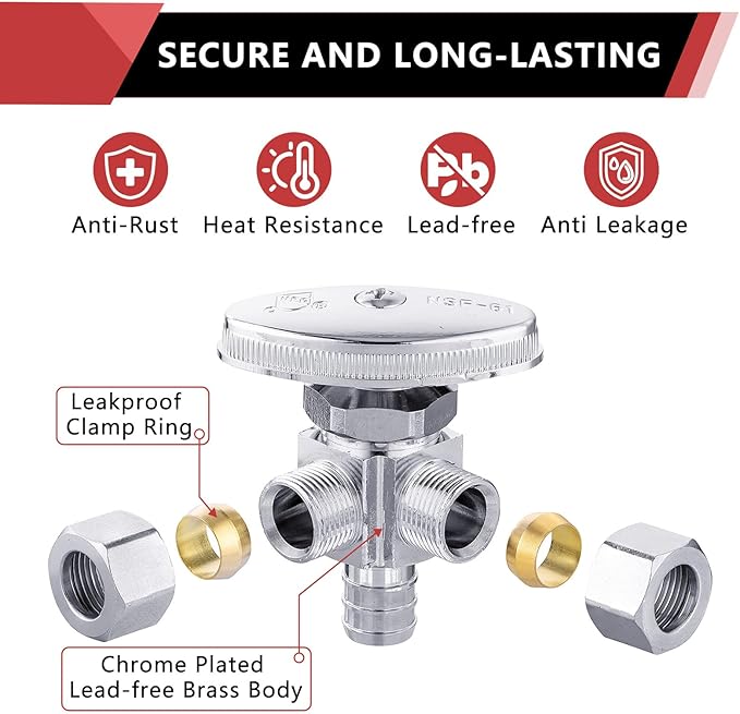 (Pack of 10) EFIELD Dual Outlet Angle Stop Valve, Multi-Turn, 1/2" Crimp Barb Pex Inlet x (3/8 inch x 3/8 inch) Compression Outlet, Chrom Plated,(VALVE063-10PCS)