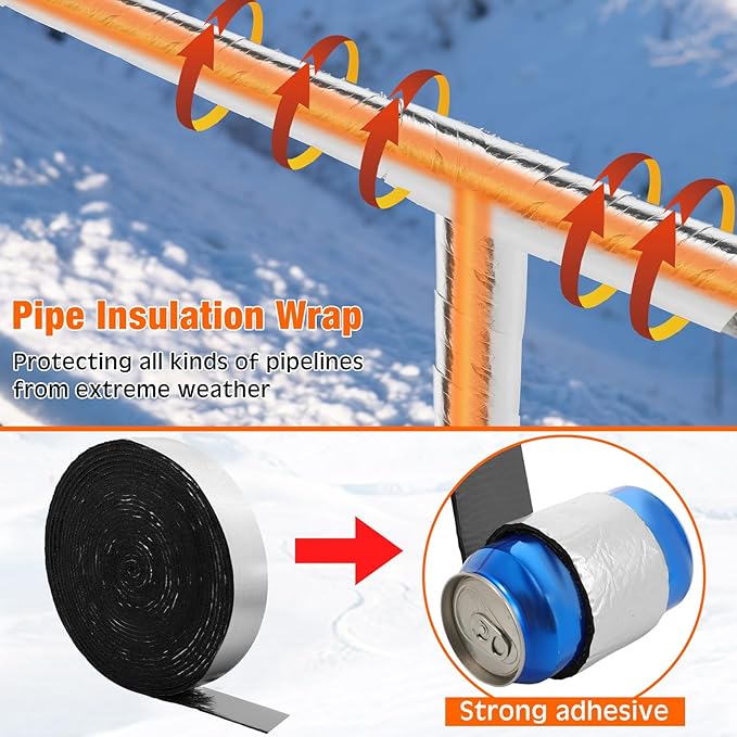32 ft Pipe Insulation Foam Tape, 32 ft Foil Electric Pipe Hose Wrap, 6ft Heating Cable Automatic Electric Heat Kit Built in Thermostat for Outdoor Winter Hot Cold Water Pipe