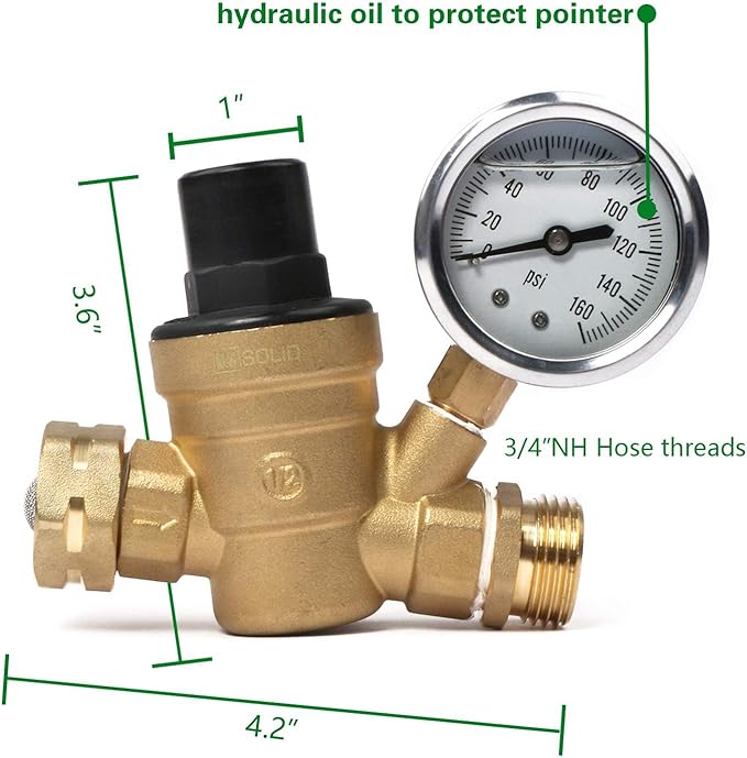 U.S. Solid 3/4" GHT RV Water Pressure Regulator, Adjustable Lead-Free Brass Water Regulator Valve with Gauge & Filter for RV, Camper & Garden Hose(20-PACK)