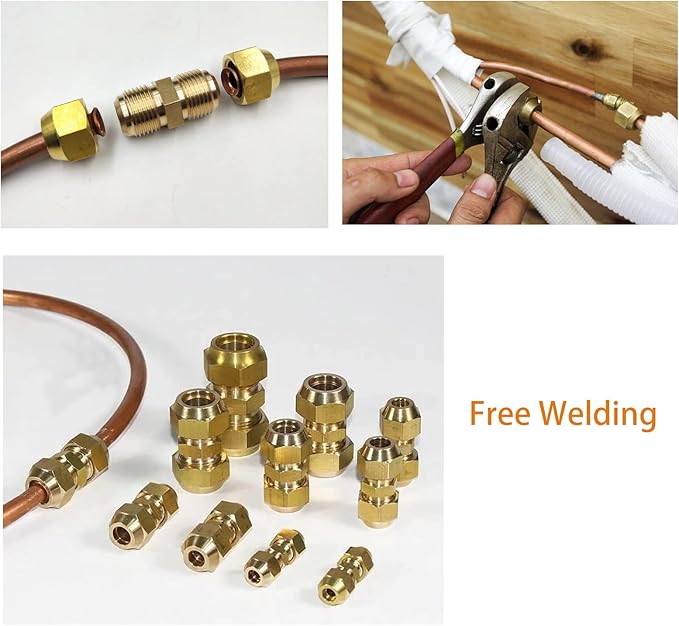 AC Pipe Connectors - 1/4" & 1/2" Copper Joints with HVAC Flare Nuts, 2 Packs