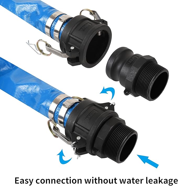 2" x 50FT Blue Discharge Hose with Camlock C and E Fittings, Reinforced PVC Lay Flat Backwash Hose Assembly, Weather and Burst Resistant, Ideal for Sump Pump Hose Pool Drain or Backwash