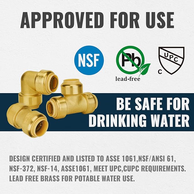 SUNGATOR Push Pex Fittings 3/4 Inch, 5 Each Coupling and Elbow, Tee (2 PCS), No Lead Brass Push-to-Connect Plumbing Fittings for Pex Pipe, Copper, CPVC, with 1 Disconnect Clip, Pack of 12