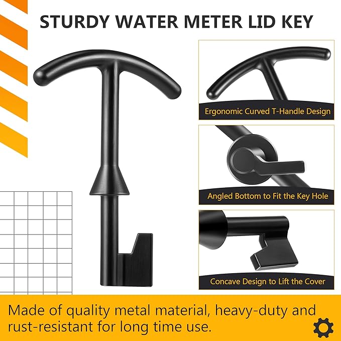 Feekoon 1 Pack 5.5'' Water Meter Box Key, Compatible with M07001 Water Meter Cover Key, Water Meter Cover/lid Opening Tool, Quality Metal T Wrench Hook to Access the Main Valve for Turning Water off
