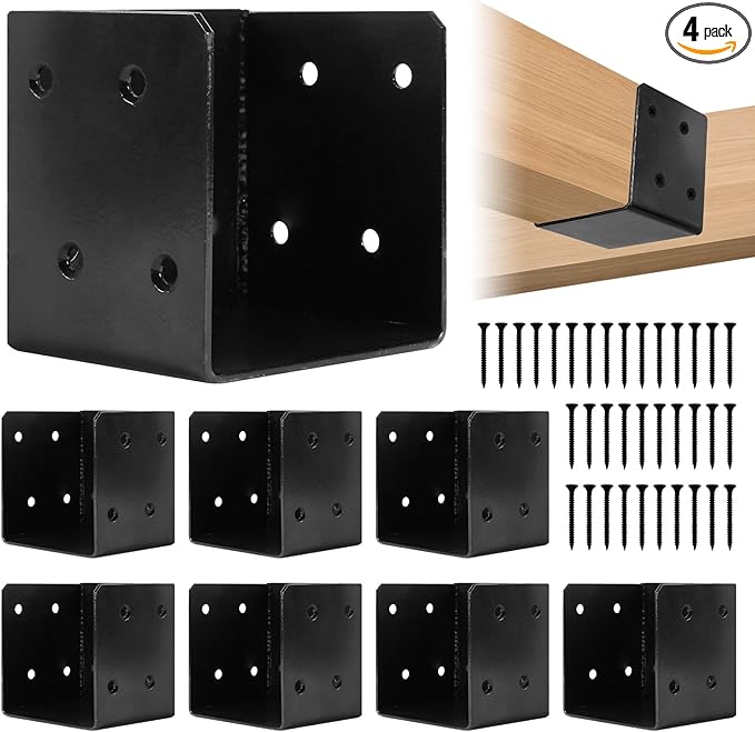 4 Pcs Deck Railing Brackets Connectors for 4"x4", 4"x6" Railing Wood Post, Heavy Duty Mounting Joist Hanger Brackets with Screws, Black