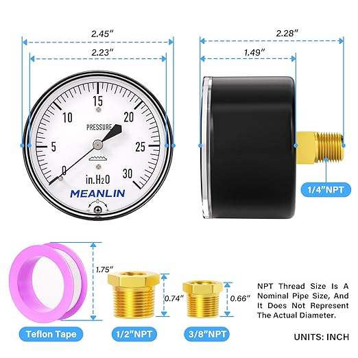 MEANLIN MEASURE 0-30 in H2O Diaphragm Type Capsule Low Pressure Gauge 1/4" NPT 2-1/4" FACE DIAL Adjustable Water Column Gauge, with 1/2" NPT and 3/8" NPT Hex Bushing, Back Mount