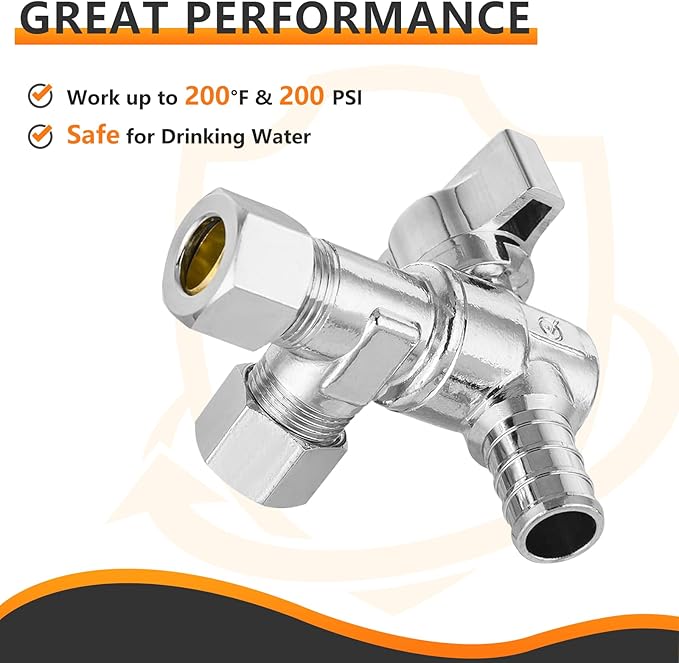 10-PCs HeSun Barb Crimp Inlet Angle Stop Valve, Quarter-Turn 1/2" PEX-B x 3/8" OD x 3/8" OD Compression, Dual Compression Outlet Shut Off Valve, PEX Chrome Plated Brass, ASTM F1807(VALVE200-10)