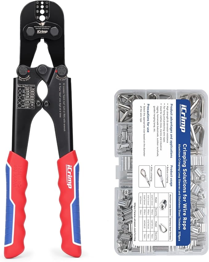 iCrimp Wire Rope Crimping Tool, 3/64-inch to 1/8-inch, Swager Kit with 330pcs Loop Sleeve and 45pcs Stainless Steel Thimble, Fishing Crimping Tool IWS-1608MC