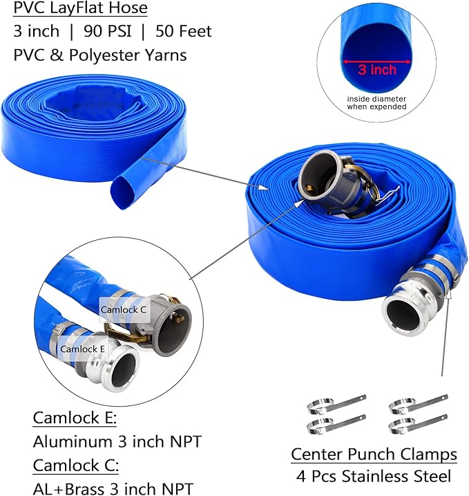 3" ID x 50 ft PVC Lay Flat Discharge Hose with Aluminum Camlock C and E Fittings, Cam Lock Fitting Type A included, Heavy Duty Reinforced Blue Backwash Pump Hoses for Swimming Drain Pools