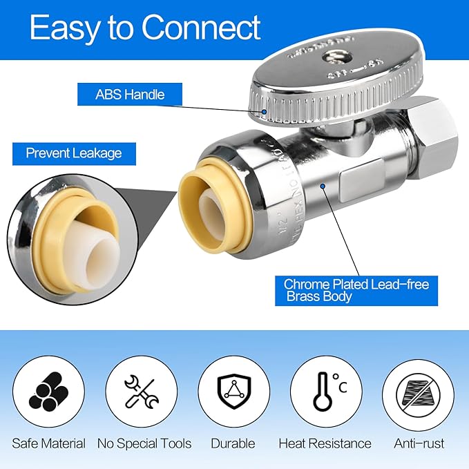 10pcs Stop Valves, 1/2" × 3/8" Straight Stop Valve, 1/2" PTC Input, 3/8" OD Compression Output, Push to Connect, 1/4 Turn, Chrome Plated Brass for Faucet, No Lead