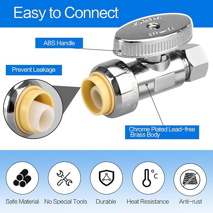 20pcs Stop Valves, 1/2" × 3/8" Straight Stop Valve, 1/2" PTC Input, 3/8" OD Compression Output, Push to Connect, 1/4 Turn, Chrome Plated Brass for Faucet, Toilet Valves, No Lead