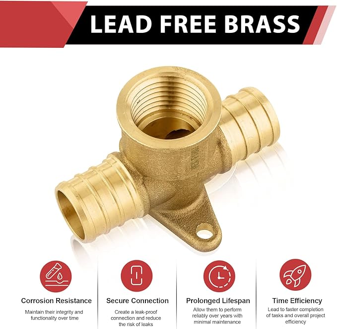 2-Pack EFIELD Brass Crimp Fittings - 3/4" Pex x 3/4" Pex x 1/2" Female NPT Drop-Ear Tee (Pack of 2),(PEX1807173-2PCS)