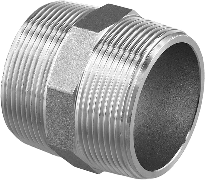 Hex Nipple 2 Inch Male x Male 304 Stainless Steel Threaded Pipe Fitting, Resistant Plumbing Connector for Water, Gas and Air Systems