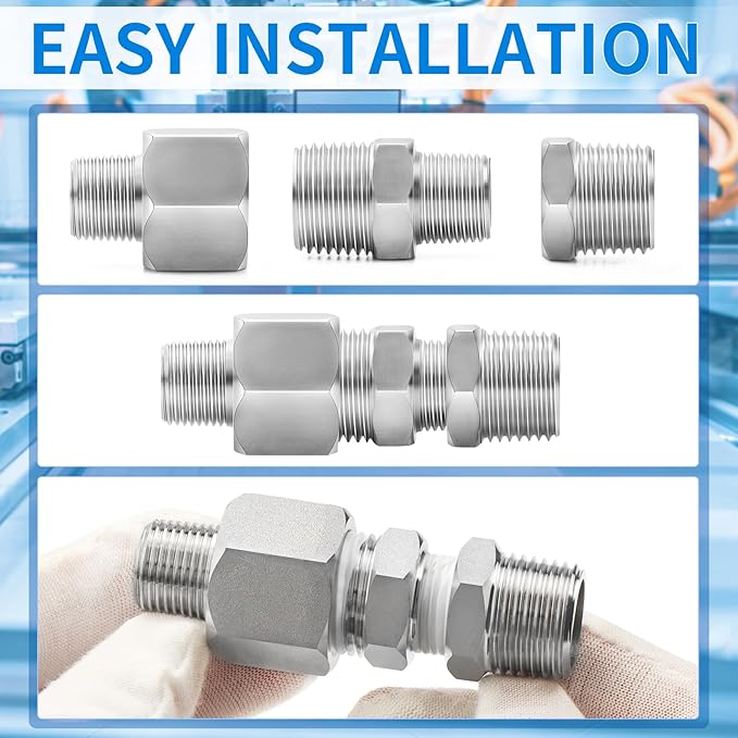 ChillWaves 304 Stainless Steel Pipe Fitting, Reducer Hex Nipple 3/8" NPT Male x 1/4" NPT Male Thread Adapter(6-PACK)