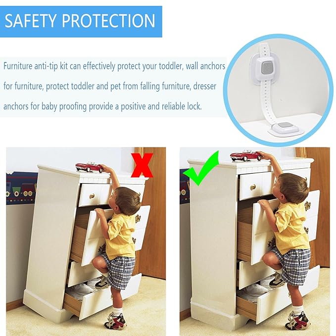 YEYA No Drill Anti tip Furniture Adjustable Straps Wall Anchors for Baby proofing with Strong 3M Adhesive Backing (Upgraded 2P)