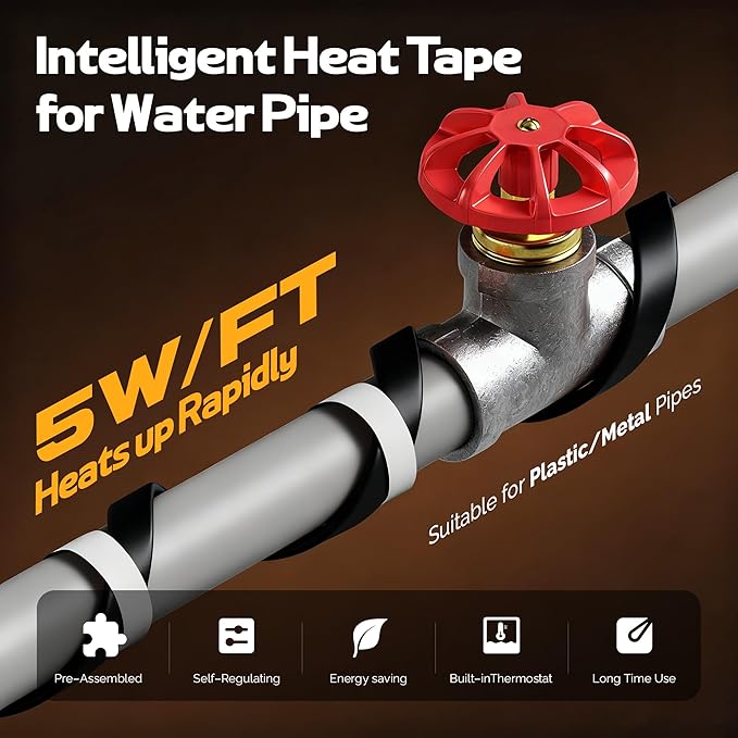 Heat Tape for Water Pipes with Thermostat, Anti-Freeze, Electric Heat Tape, Keeps Water Flowing at -22℉/-30℃, 12FT, Black, UL&ETL Listed 120V