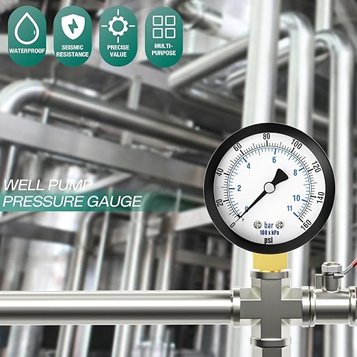 0-160PSI Well Pump Pressure Gauge 2" Dial Size, 1/8" NPT Lower Mount, 3-2-3% Accuracy, for Tube, Water Pump, Gas, Liquid, Pressure Test