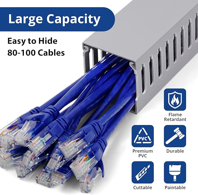 ZhiYo 3x3in Cable Raceway, 6.6FT(2xL3.2FT) Large Wire Tray, Cord Hider for Network Cable Management, Wire Covers for Cords Computer Under Desk, Cord Cover Wall Cable Hider Cable Cover, Gray