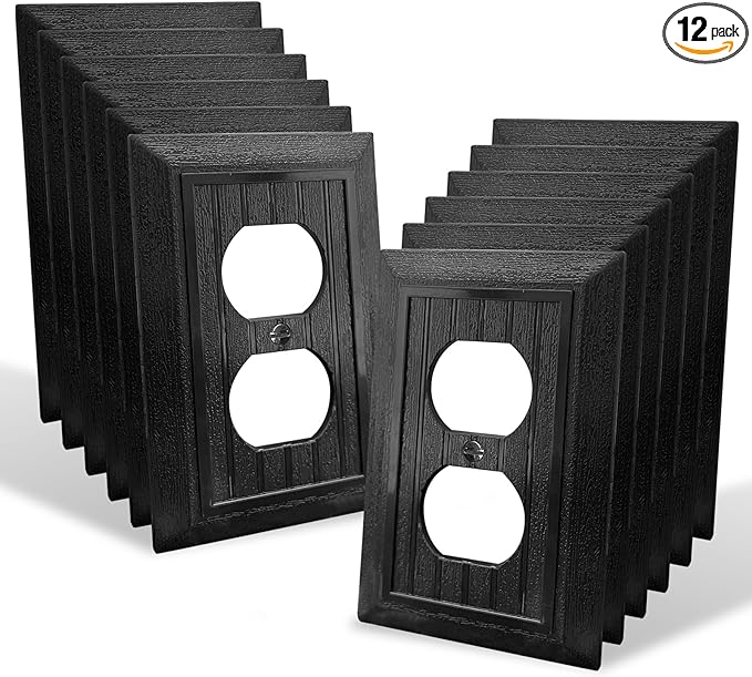 Classic Retro Wood Grain Design Style, 12-Pack Black Outlet Covers Plate, Modern Decorative Electric Receptacle Light Switch Cover Plates (1-Gang Duplex Mid-Size)