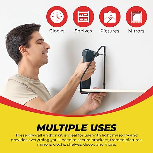 Qualihome Ribbed Plastic Drywall Anchor Kit, Wall Anchors and Screws for Drywall Includes Anchors, & Screws, 1 Masonry Drill Bit, Mounting Tolls for Decor, Shelving ([50 Pack] 6-8 x 7/8")