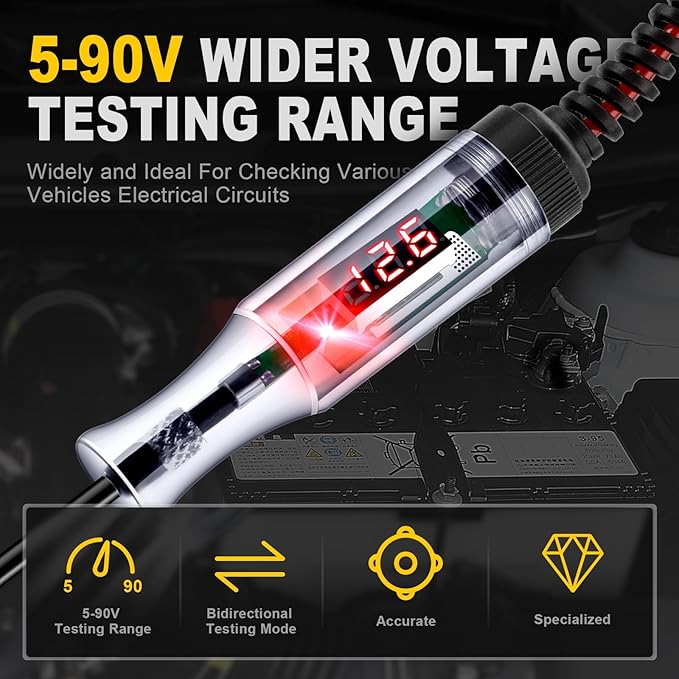 Automotive Test Light 5-90V Digital LED Circuit Tester with Voltage Display, Auto Bidirectional Light Tester, Electrical Voltage Tester with Extended Spring Wire & Probe for Car/RV/Vehicles