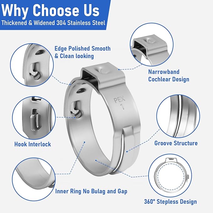 Kodilin 70-Pack 1 Pex Crimp Rings, Heavy-Duty 304 Stainless Steel Single Ear Pex Clamps Wider & Thicker Pex Cinch Clamps for Superior Grip & 360° Seal, Fits PEX Tubing Pipe Fitting Connections