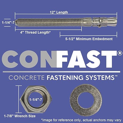 CONFAST 1-1/4" x 12" Wedge Anchor Zinc Plated (Box of 5)