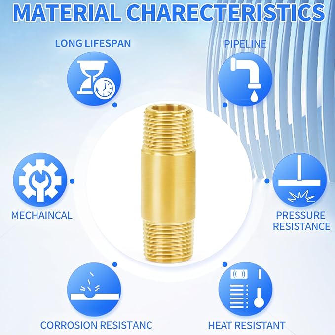 ChillWaves Brass Pipe Fitting, Long Nipple Pipe 3/4" NPT Male x 3/4" NPT Male Thread 2" Length(50MM)(2-PACK)