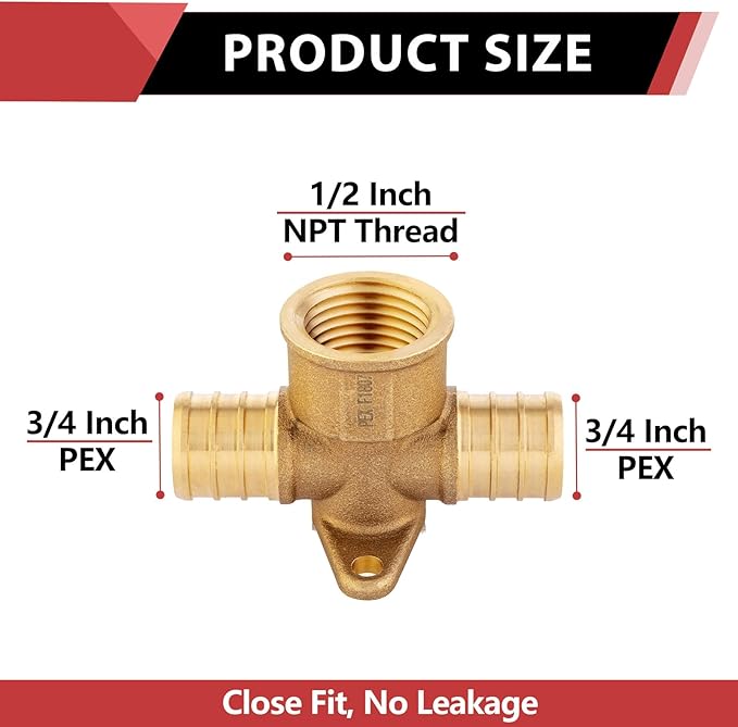 EFIELD 3/4" Pex X 3/4" Pex X 1/2" Female NPT Threaded Drop-ear Tee, Brass Crimp Fitting, ASTM F1807,(PEX1807173)