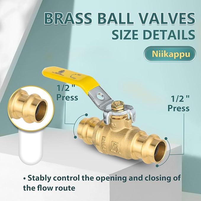 1/2" Press Ball Valve, 4 Pack Shut Off Valves with EPDM O-ring, Quarter Turn Brass Full Port Shut Off Ball Valve for Hot and Cold Water, NSF/ANSI 61 Certified