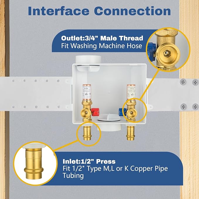 10-PACK GUOFIS Washing Machine Outlet Box with Copper Water Hammer Arrestor, PEX Laundry Washer Box with Central and Side Drain Design(1/2"Copper Press Connection Inlet X 3/4"MHT Outlet)(WM057-10Pack)