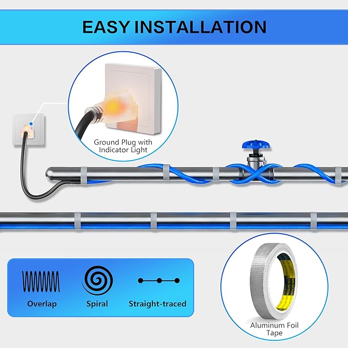 Heat Tape for Water Pipes with Thermostat & GFCI, Energy-Saving Pipe Heating Cable, Prevents Freezing, Works at -22℉, 18FT Blue, UL ETL Listed 120V