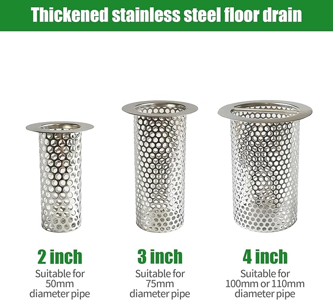 3'' Commercial Floor Drain Strainer, 4" Tall 304 Perforated Cylindrical Mesh Stainless Steel Drain Strainer for Factory/Kitchen/Hospital/Restaurant (Silver, 4" Tall x 3" Diameter)