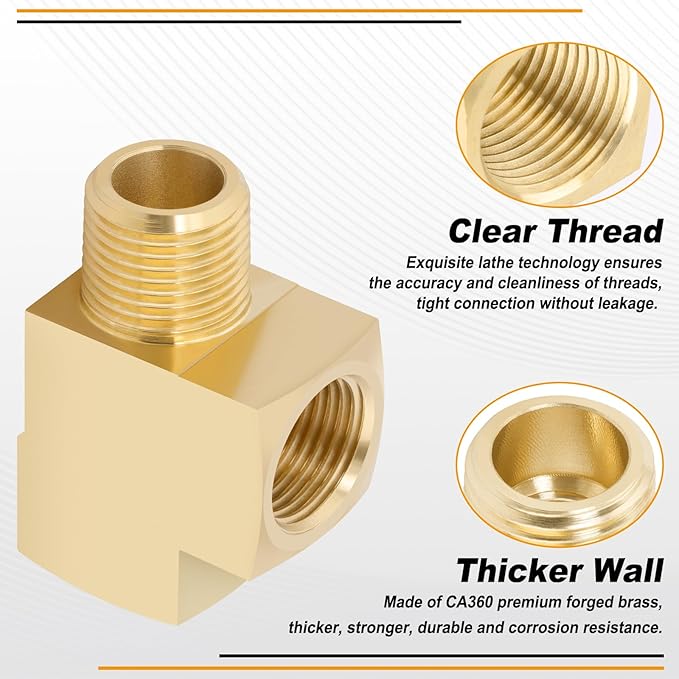 KOOTANS 4 Pack Brass Tee Fittings 3/8" NPT Female to 3/8" NPT Female to 3/8" NPT Male Barstock Street Tee Fittings 3 Way Brass Pipe Fitting